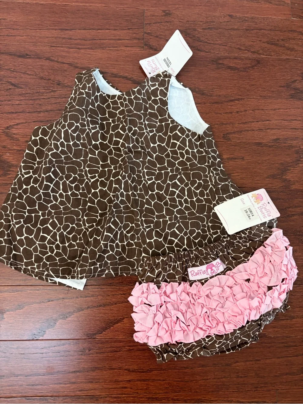 NWT Ruffle Butts Brown Giraffe-Print Tank with Pink Ruffle Bloomers set 18/24 mo